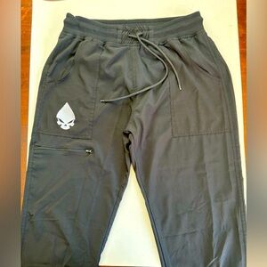 Joggers - Men’s Drawstring Joggers. Black with Embroidered Skull. Size Large